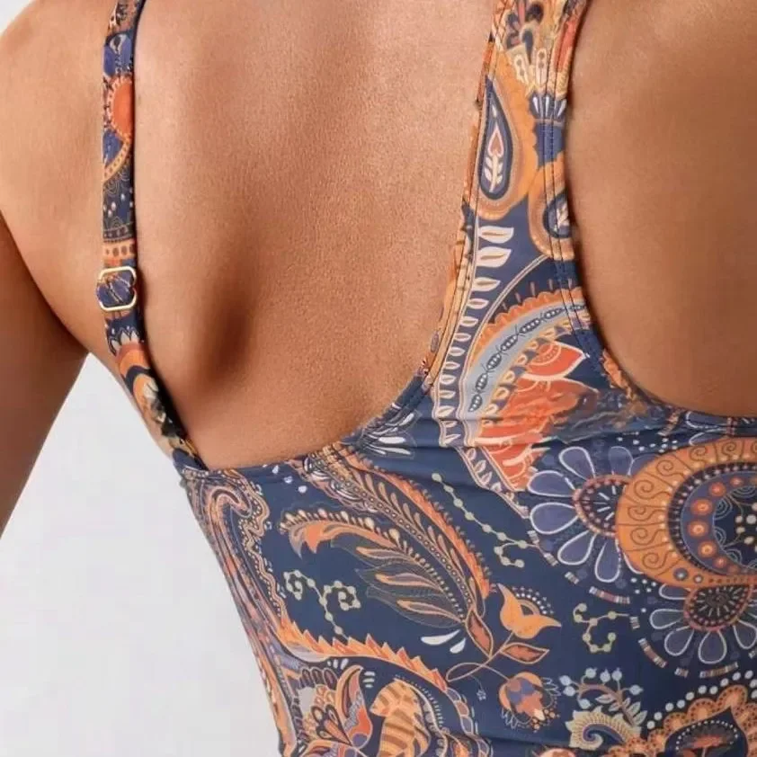 Women Summer Sexy Print Bodysuit Tops Sleeveless Swimwear One Piece Suit Underwear Set Open Back Vest Bodysuit Women Lingerie