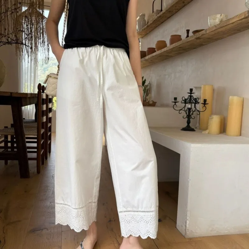 Embroidered Hollow Lace Casual Pants Women's 2026 Summer Loose Straight Nine-point Pants