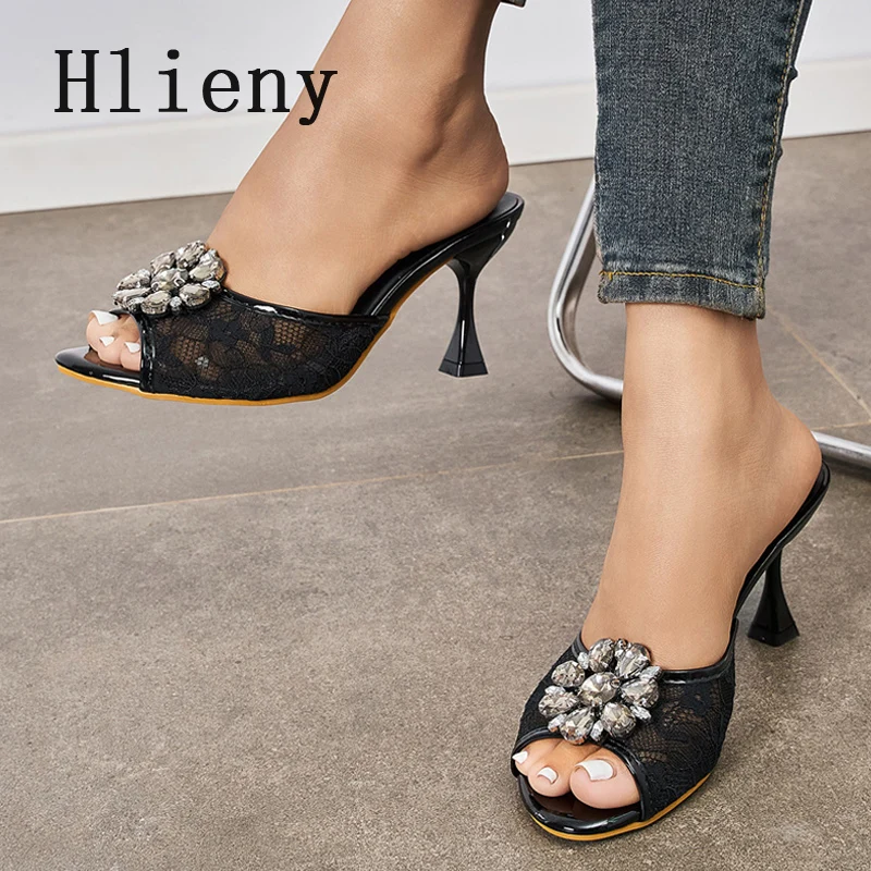 Image of Hlieny Sexy dünne High Heels mit offenem Zehenbereich für Damen, Sommermode, Designer-Slipper mit Kristallblumen für Bankett- und Partykleider