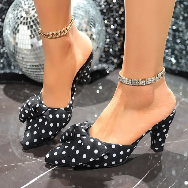 Oversize Bowtie Mule Shoes Women Fashion Pointed Toe Stripe Wave Slip-on Sandals Outdoor Flat Slippers