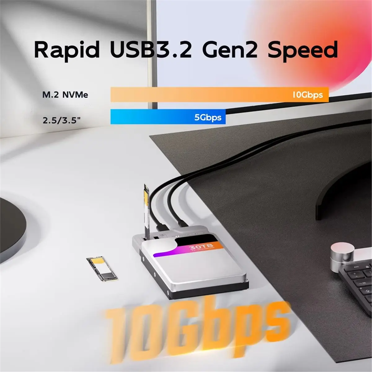 2.5/3.5 Inch SATA HDD/SSD Case M.2 NVMe/SATA SSD Enclosure Adapter USB3.2 Gen2 USB C Support Offline Clone EU Plug