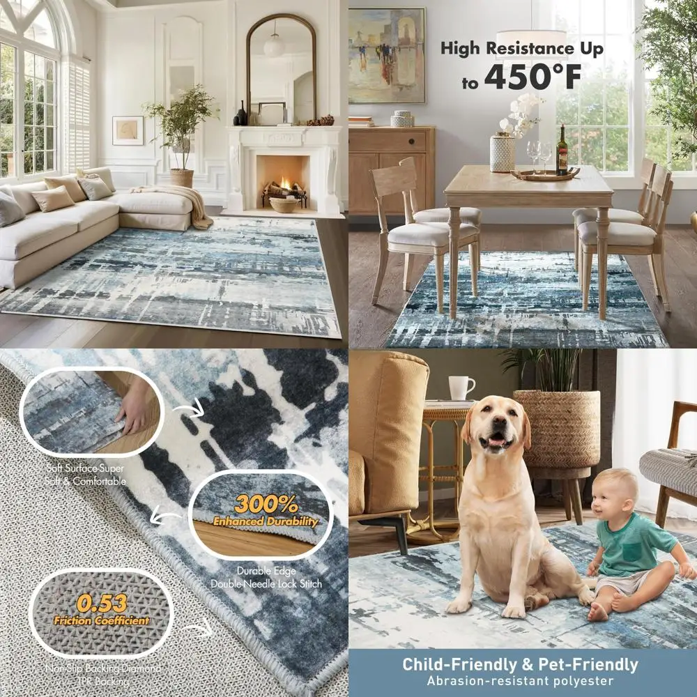 

Soft and Stain-Resistant Blue Washable Rug for Living and Dining Spaces