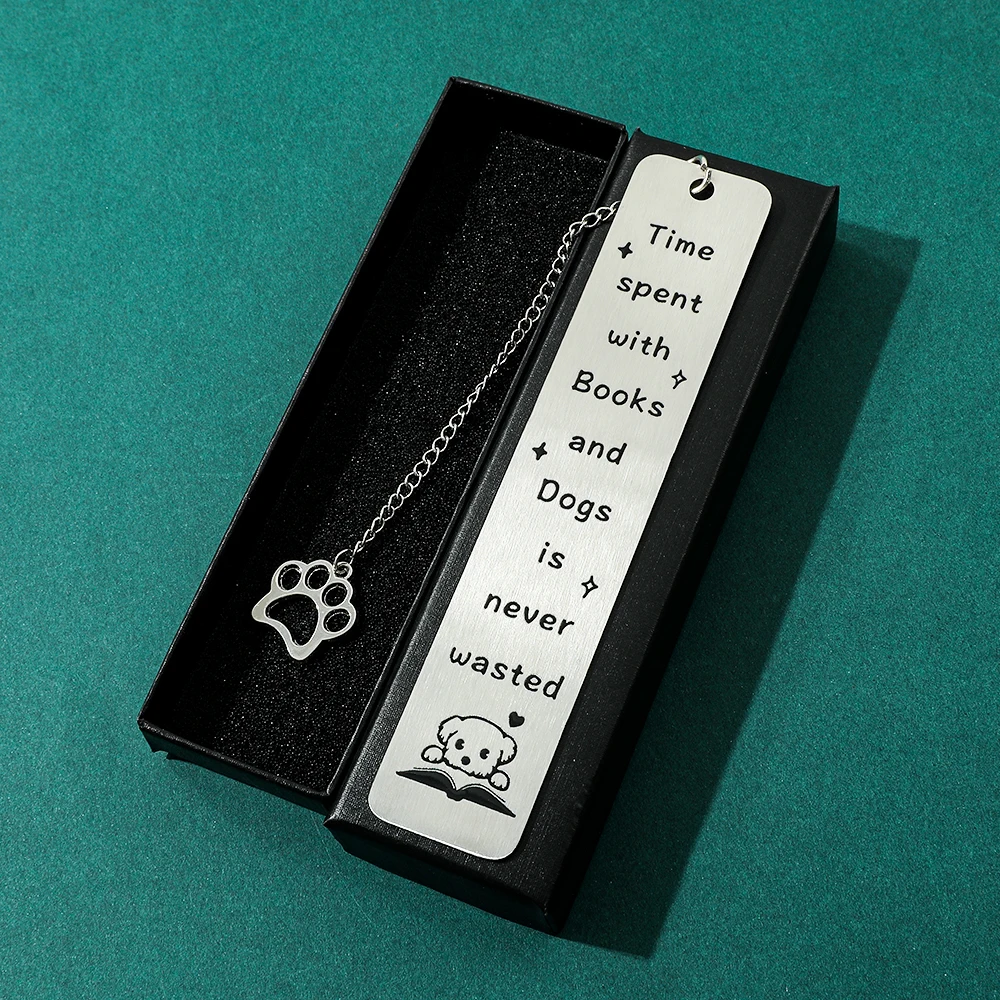 Honden- en tijdbladwijzer, roestvrijstalen bladwijzer voor hondenliefhebbers, prachtige zwarte geschenkdoosset, leeswijzer.