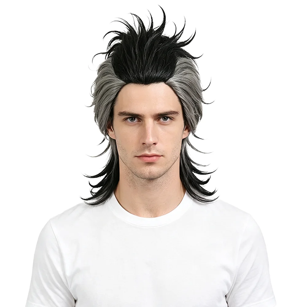 Genya Shinazugawa Cosplay Wig Black Gray Gradient Spiky Mullet Heat Resistant Synthetic Anime Hair For Men Women Halloween Party