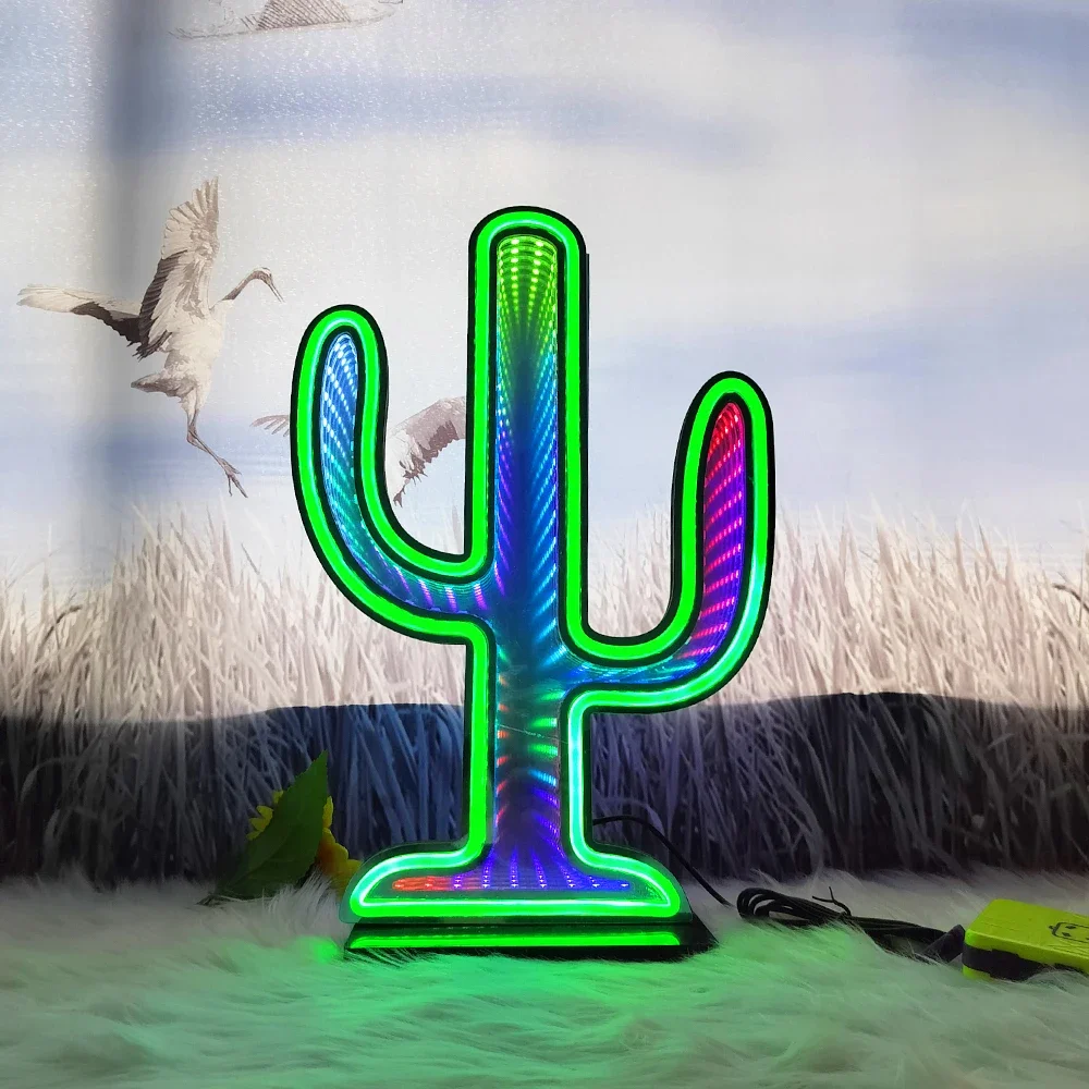 Double-Sided Cactus Infinity Mirror Neon Sign 3D Tunnel Light with Color-Changing Effect for Dynamic Ambience