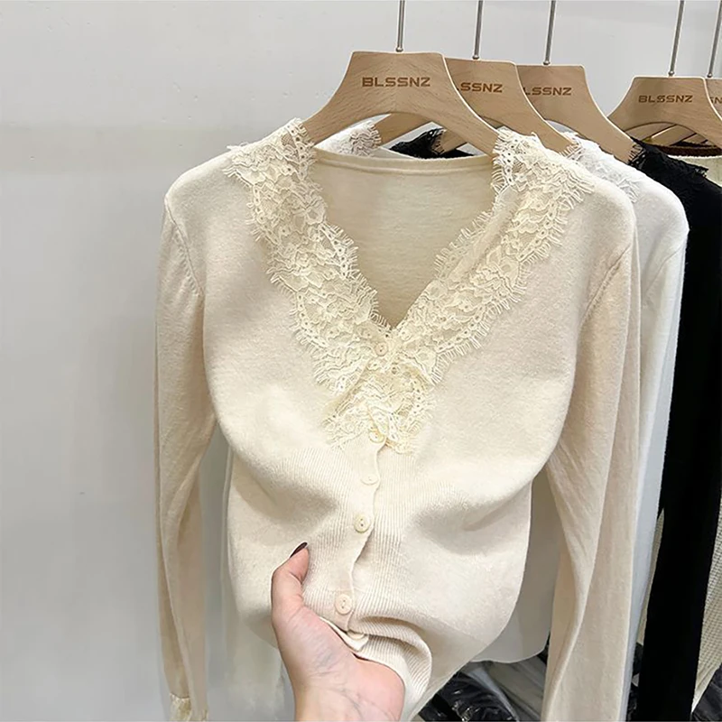

Кружевные базовые рубашки с v-образным вырезом, свитер для женщин, весна-осень, милые вязаные кардиганы с длинными рукавами, топы, женские короткие вязаные свитера ﻿