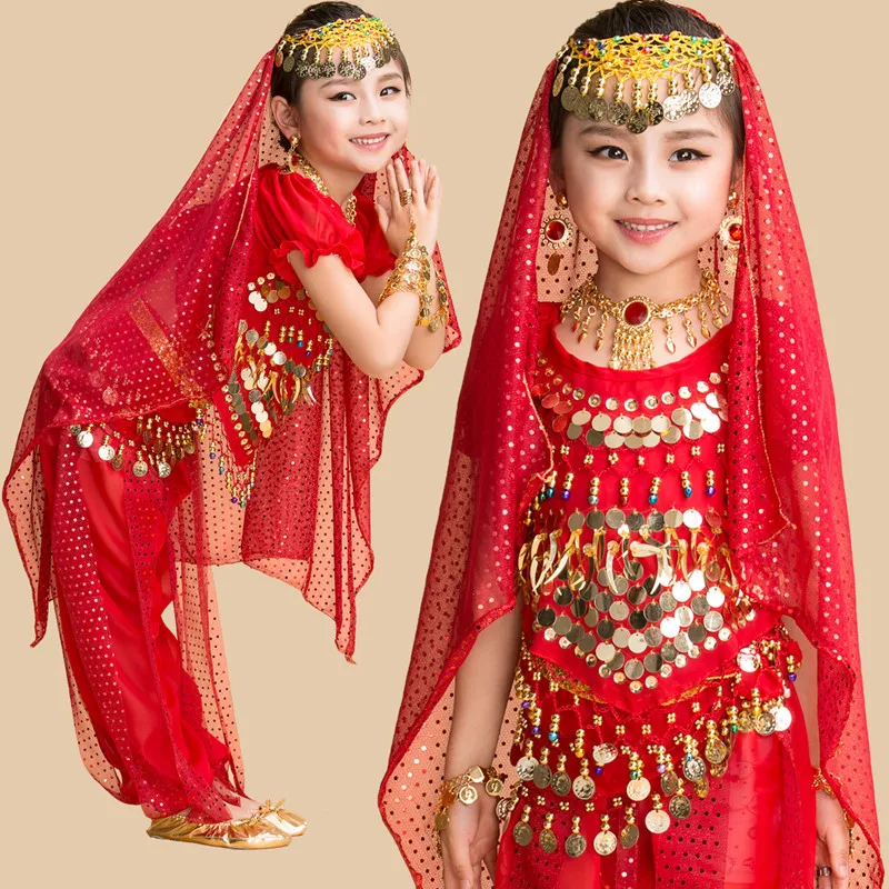

New Handmade girls Belly Dance Costumes Kids Belly Dancing wear Indian Performance Clothing Suits red color Belly dress