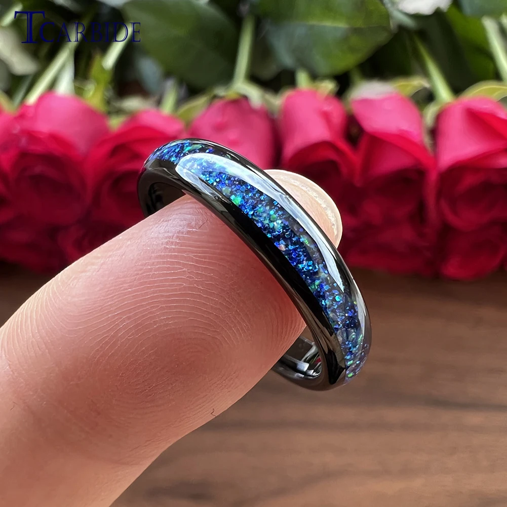 4mm Black Opal Ring Women Tungsten Engagement Wedding Band Domed Polished Stylish Gift Jewelry Comfort Fit