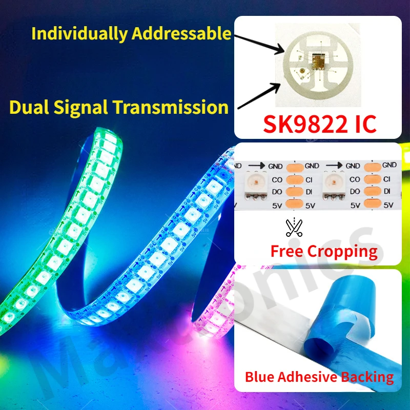 1M/5M SK9822 Led Strip Light RGB DC5V Similar APA102 30/60/144LED/M Dual Signal Transmission Separately Individually Addressable