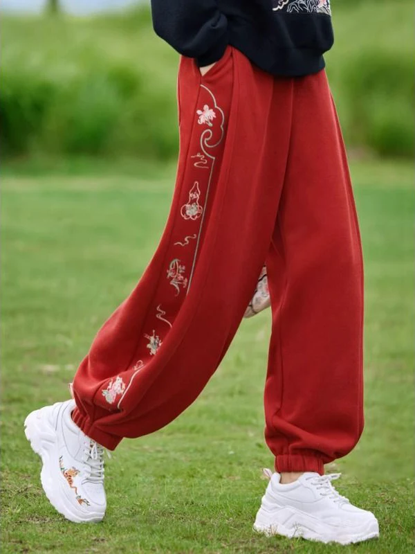 Thickened Fleece Lined Embroidered Casual Pants Women's Ethnic Style Harlan Trousers Warm Long Pants Cuffed Vintage Art