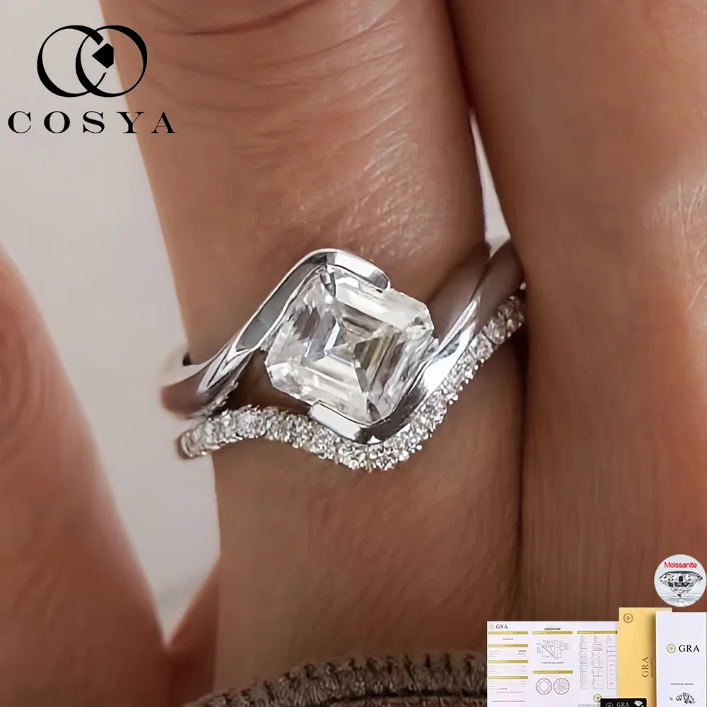 

COSYA 1.2CT Asscher Cut Муассанит Набор колец для женщин S925 Серебро 18K Позолоченные лабораторные бриллиантовые кольца Изящные искрящиеся ювелирные изделия Подарки