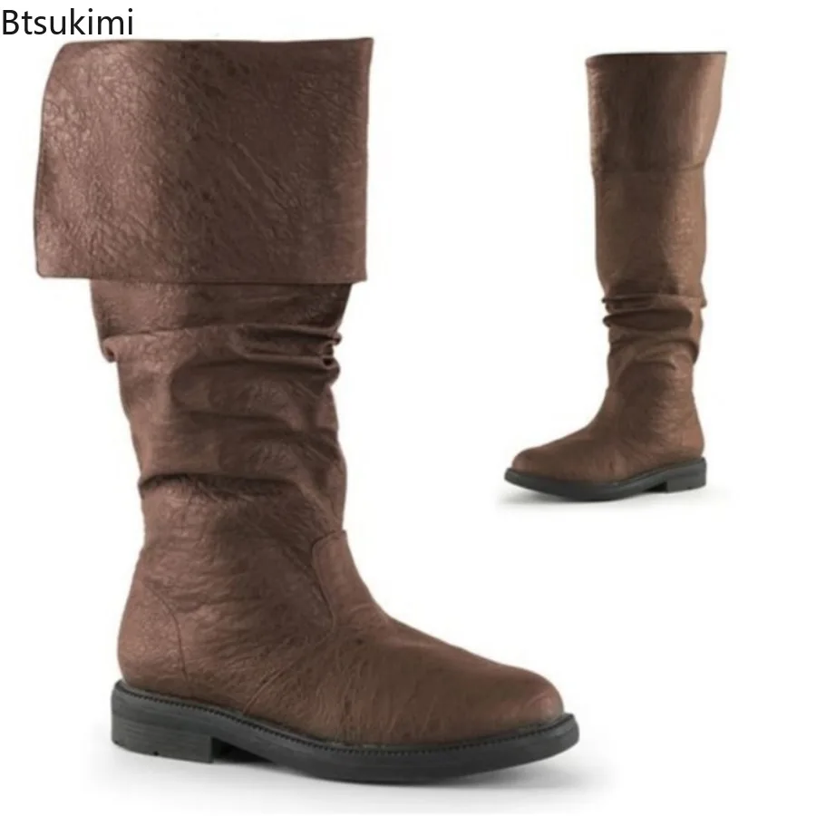 Medieval Leather Boots Men Knight Prince Cosplay Gothic Punk Boots Halloween Carnival Stage Party Props Shoe Elf Vintage Booties