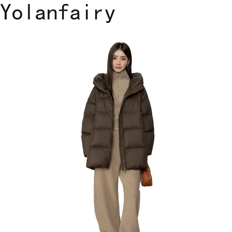 YOLANFAIRY High-end 95% White Goose Down Jackets Woman Winter Hooded Warm Puffer Jacket Mid-length Warm Down Coats Women 2026
