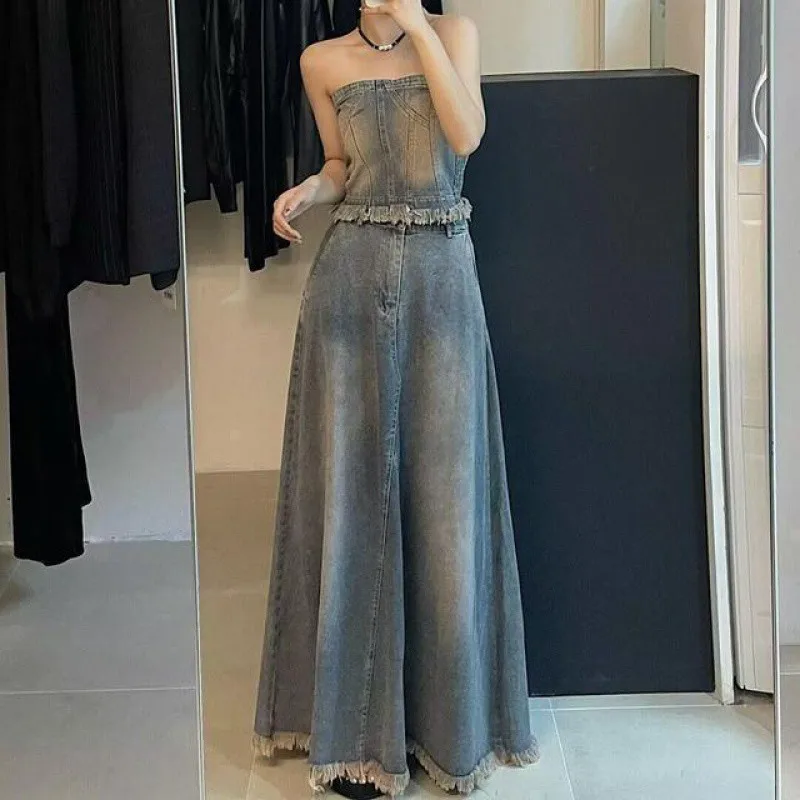 

American Vintage Two-Piece Set for Women Half Skirts Sets Short Strapless Top A-Line Midi Skirt Fashion Denim Suit Autumn New