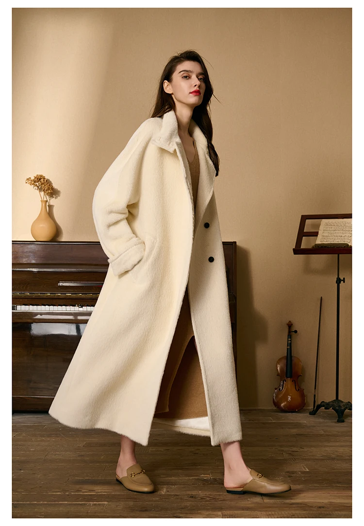 Fengbaoyu High-end Hepburn Style Thickened White Double-sided Suli Alpaca Coat Women's Medium-length Woolen Coat in Winter