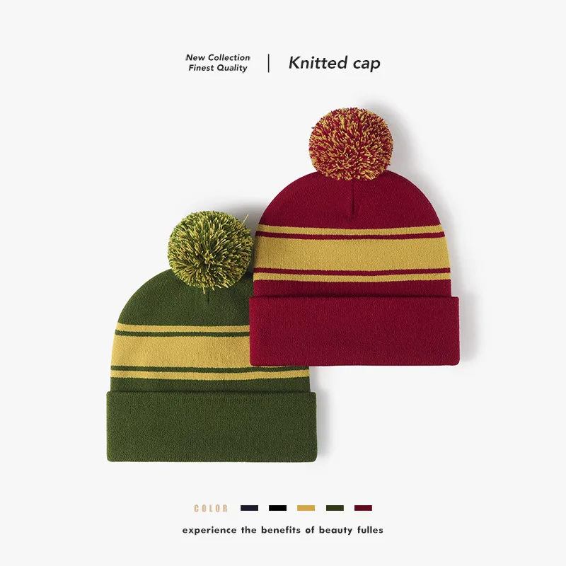 New Winter Men Women\'s 54-60cm Warm Elastic Knitted Hat Outdoor Ear Protection Hair Ball Cold Hat Jacquard Spliced Woolen Hat