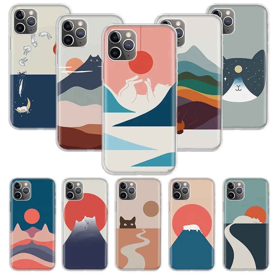 Abstract Art Cat Mount Fuji Japan Landscape Phone Case For Apple iPhone 16 15 14 13 12 11 Pro Max XS XR X 7 + 8 Plus SE Soft She