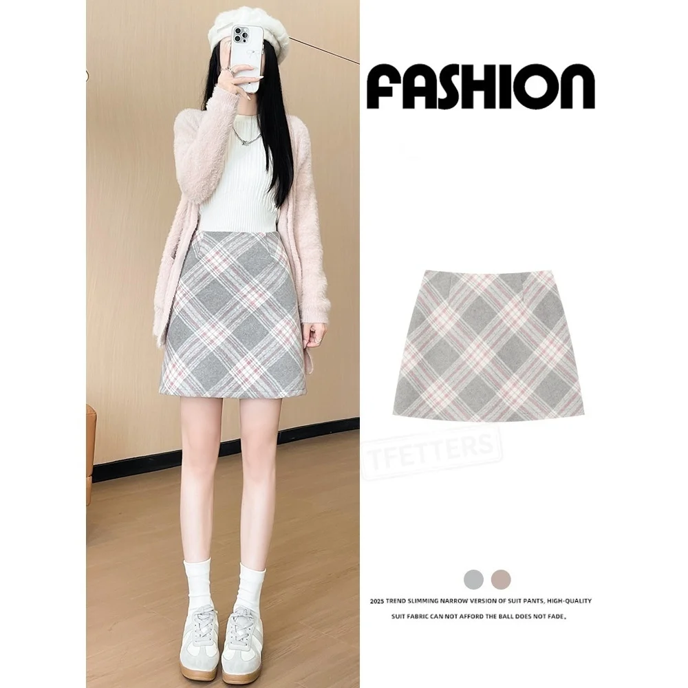 TFETTERS Autumn Winter Women Woolen Plaid Mini Skirt High Waist A Line Checkered Short Skirt Vintage Casual Skirt
