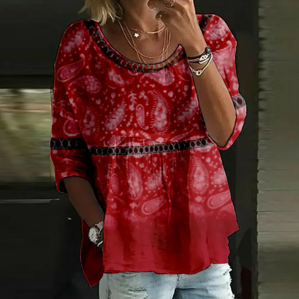 Bold Red Paisley Ombre Print Blouse Women's Boho Casual Loose Round Neck Hollow Trim Daily Wear Top