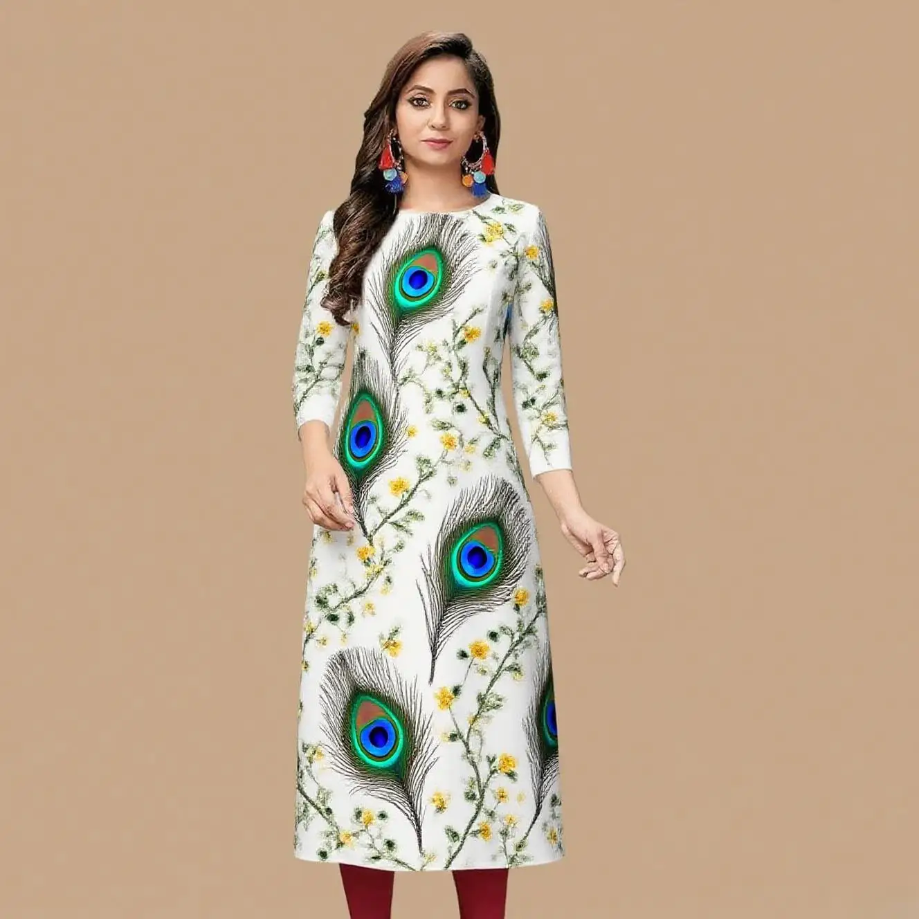 Kurt women's casual fashion dress long sleeved straight tube casual ethnic peacock round neck regular size design sense 2026.