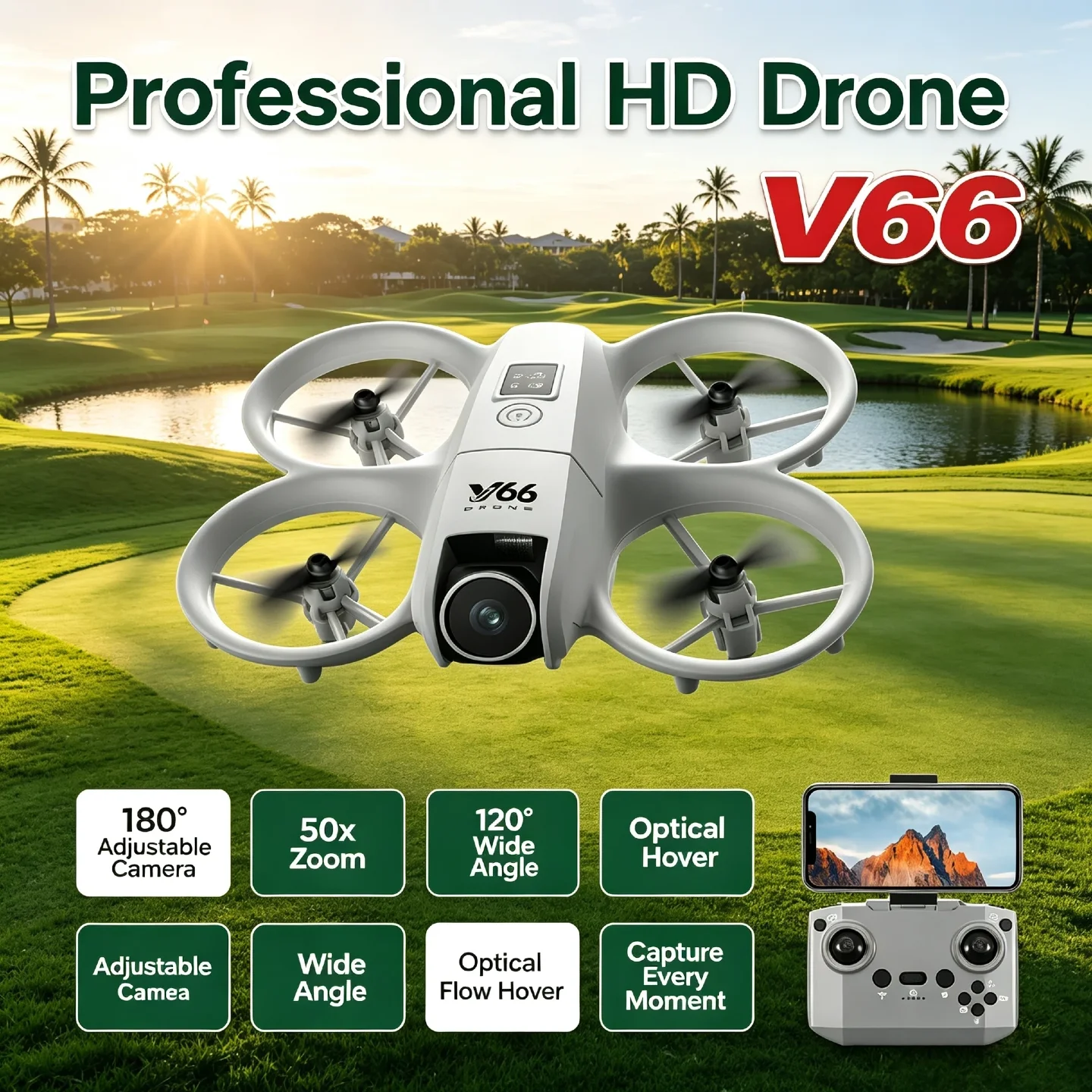 V66 HD Drone –4K/6K/8K Camera 180° Adjustable Camera, 50x Zoom, 120° Wide Angle, Optical Flow Hover, Capture Every Moment