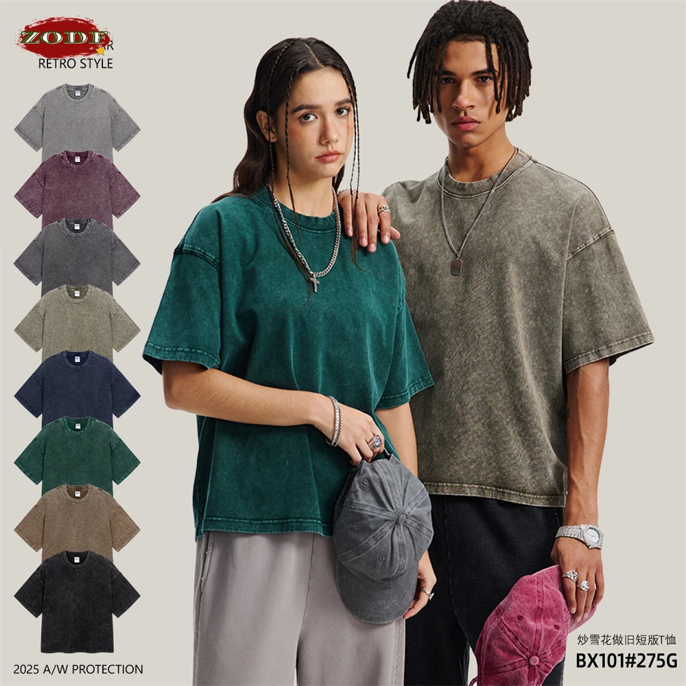 

ZODF Новые футболки в стиле хип-хоп из стираного хлопка Boxy для мужчин, унисекс, ретро, свободная посадка, базовая короткая версия, футболка, брендовые топы HY1076