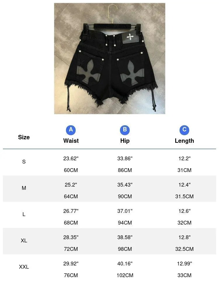 2023 European and American Lace Ragged Cross Pattern Sweet Cool Dark Black Denim Shorts Women Wear Large, Fat, mm Style Outside