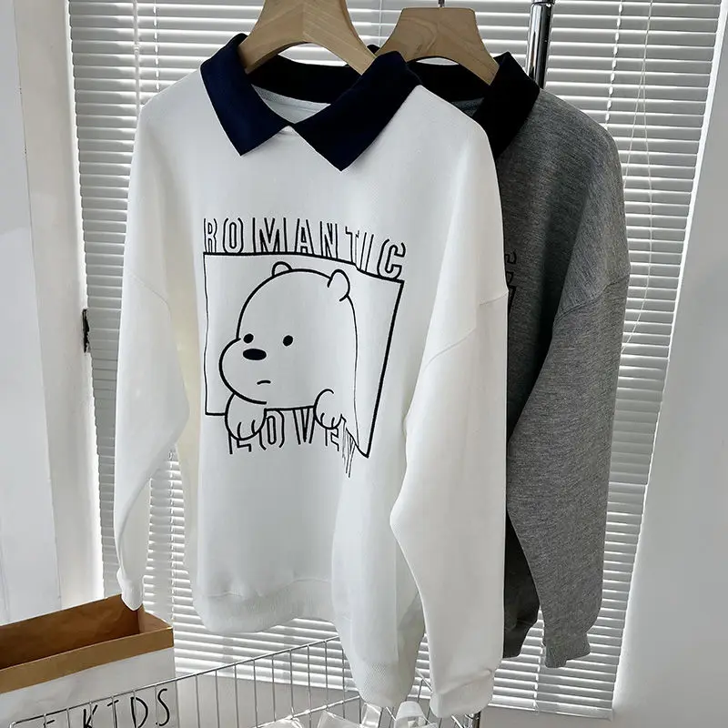 

Polo Collar Hoodies Lovely Gray Bear Pattern Women Sweatshirt Autumn Vintage Female Hoodies Casual Long Sleeve Oversized Tops