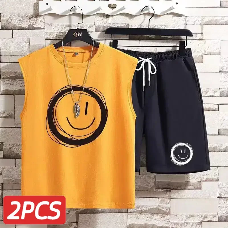 Fashion New Summer Men's suit Smiley Vest Sleeveless T-shirt Sets Men's Shorts Set plus size Five-point Pants Two-piece Set