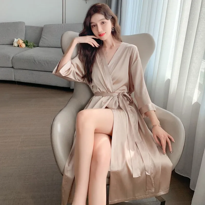 Satin Kimono Robe Long Sleeve Casual Home Clothing Intimate Lingerie Women Champagne Sleepwear Bathrobe Gown Nightwear