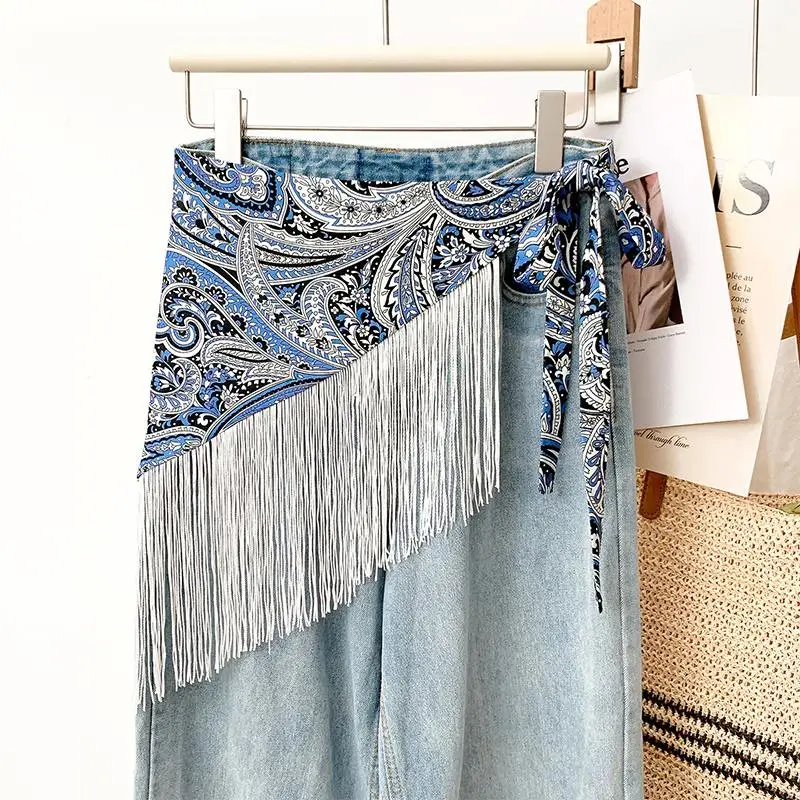 Bohemian Beach Waist Wrap Ethnic Print Tassel Decor Vintage Patchwork Fashion Belt for Casual Daily Outfits