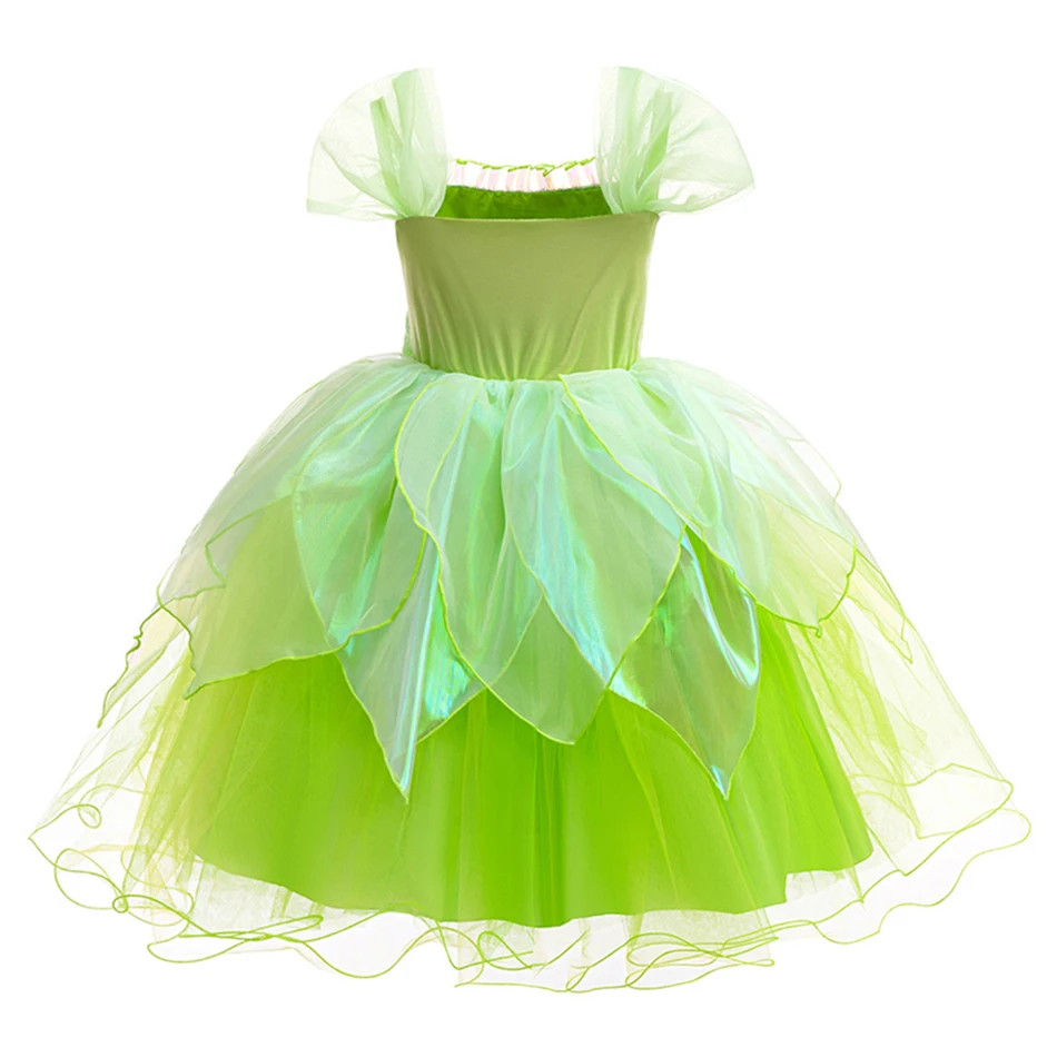 Tinker Bell Vestido de princesa de hadas para niñas, disfraz de elfo de Cosplay para niños, ropa de fiesta de Carnaval de Halloween, Vestido verde de fantasía