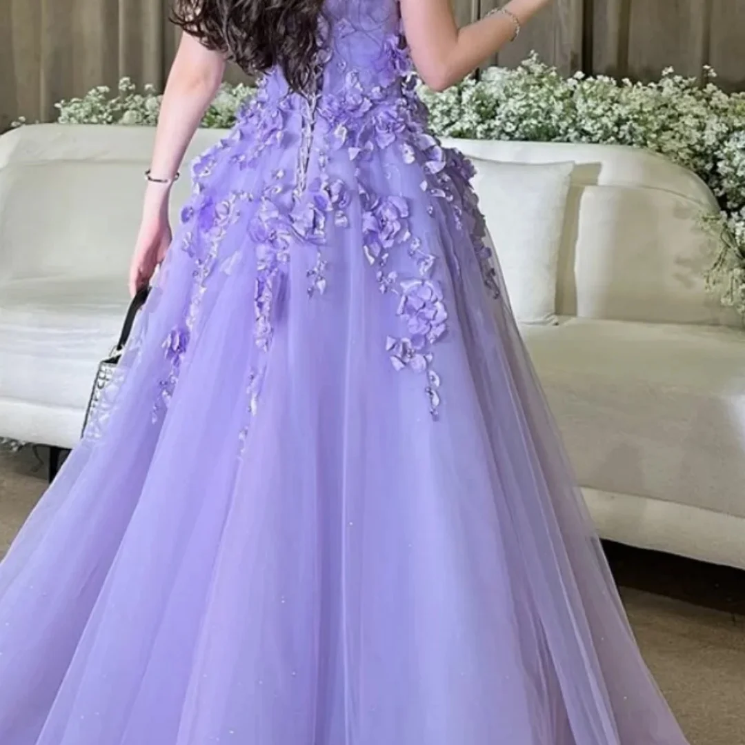 Amanda Aangepaste Paarse 3D Bloemen Prom Dress Spaghetti Vestidos De Noche Mesh Stof Vloerlengte Formele Avond 2025