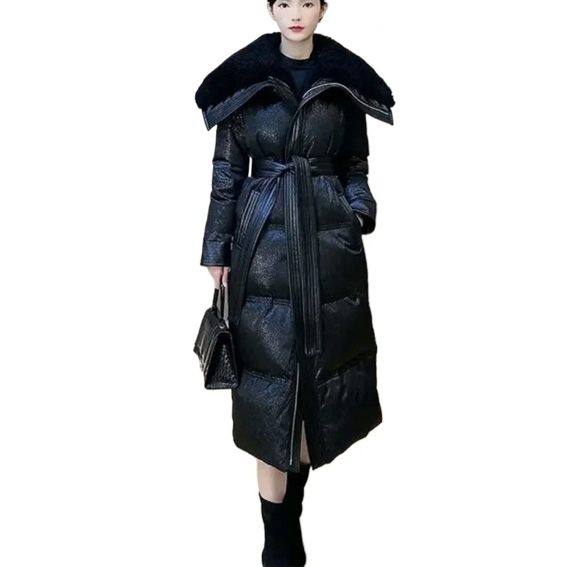 大きな襟のウエストダウンジャケット レディース 冬新作 韓国風 厚手 ゆったり ロング丈 膝丈 ホワイトダックダウンジャケット 上品 通勤