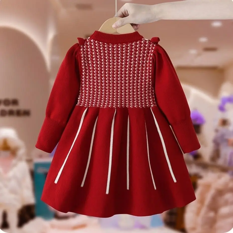 Girls\' Dress Winter New Style Western Dress Children\'s Autumn and Winter Princess Dress Baby New Year Red Knitted Dress