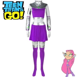 Starfire Cosplay Costume Cartoon Teen Titans Go Princess Koriand'r Purple Skirt Dress Up with Gloves Socks for Halloween Party