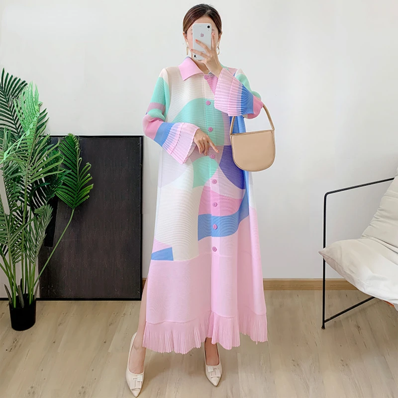 

ALSEY Miyake Pleated Elegant Women Dresses for Wedding Party Lapel Single Breasted Color Block Tassel Loose Clothing Autumn New