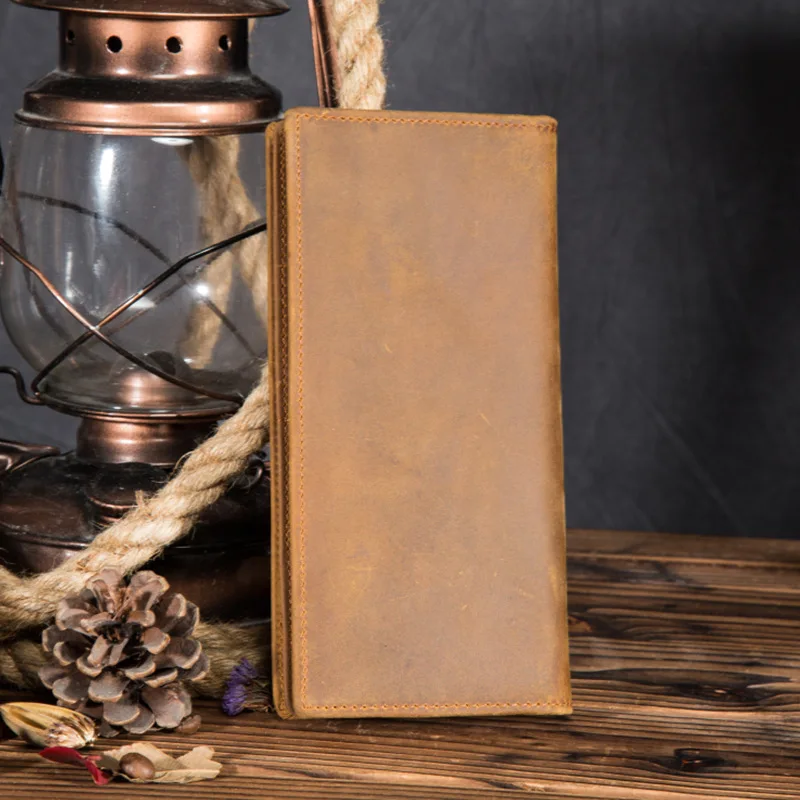 

Ретро кожаный мужской длинный кожаный кошелек Crazy Horse с несколькими картами, повседневный костюм из воловьей кожи, кошелек большой емкости, модный, простой, универсальный