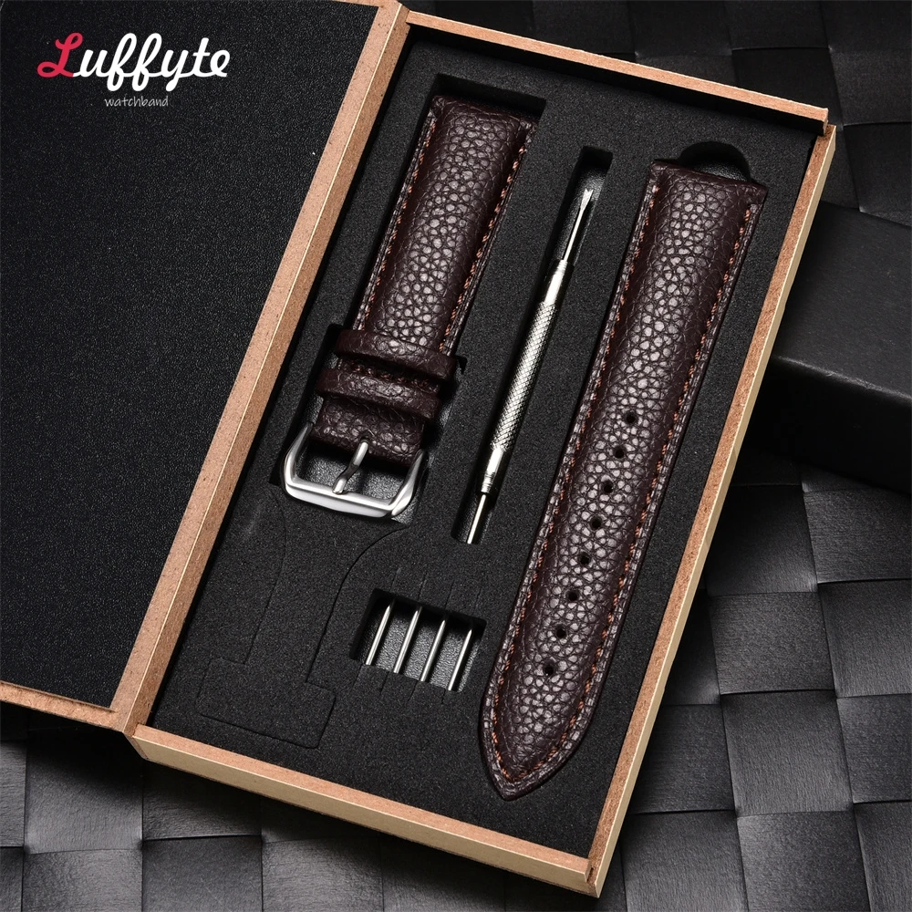Lychee Pattern Leather Watchband 16mm 18mm 20mm 22mm With Gift Packing Box Men Women Replacement Business Watch Strap