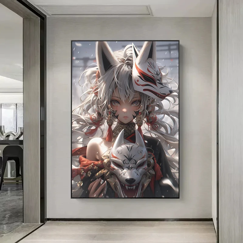 ملصقات ومطبوعات أنيمي يابانية حديثة ، قناع الثعلب ، فتاة لطيفة ، طباعة ، فن جداري ، صورة لغرفة المعيشة ، ديكور المنزل ، كاواي