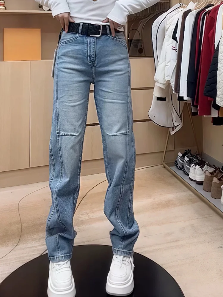 

Синие женские джинсы с высокой талией на резинке, весна-лето, новинка, большие размеры, универсальные, стройнящие, прямые, длинные брюки