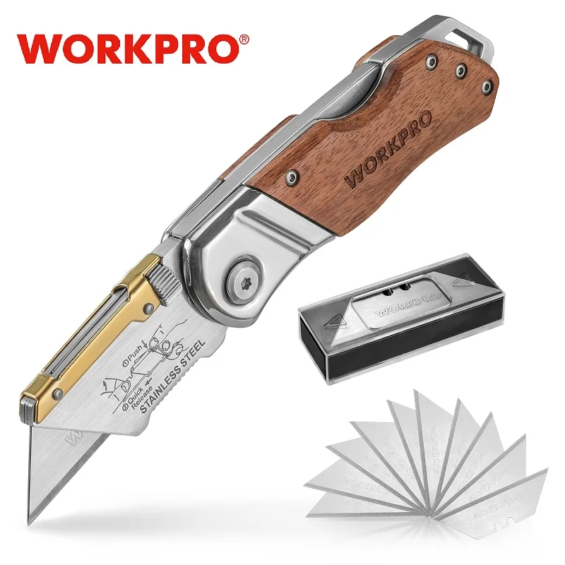 Workpro-faca utilitária com cabo de madeira, faca dobrável de troca rápida, cortador de papel, acampamento, ferramentas manuais diy, lâminas de 10