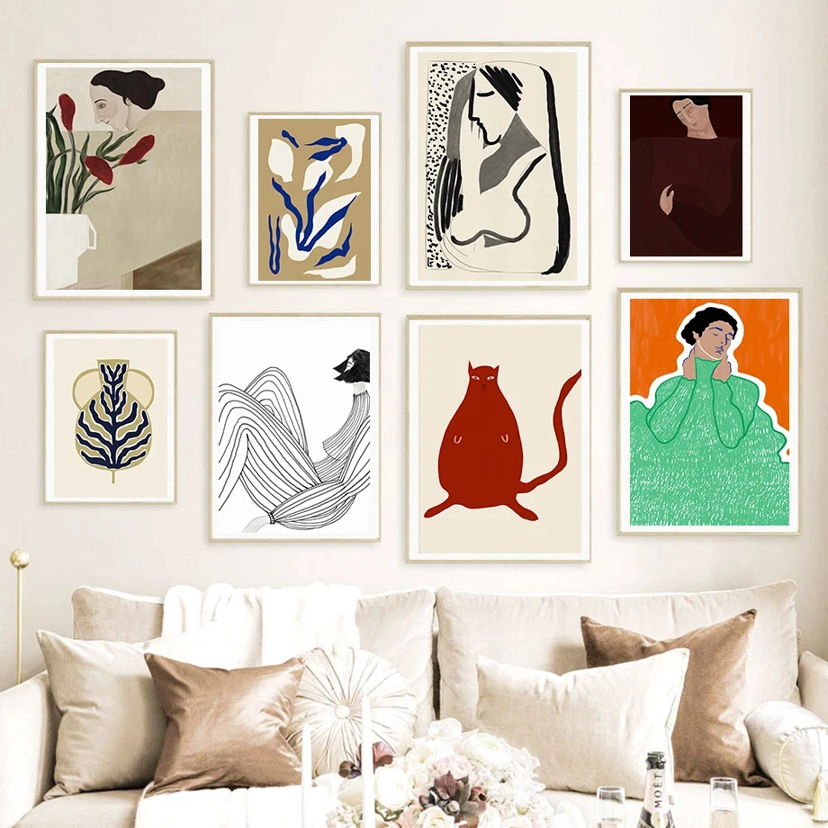 Vase Sad Woman The Cat Portrait Modern Art Minimal Line Art Fashion Wall Art Canvas Painting Nordic Poster Room Decor