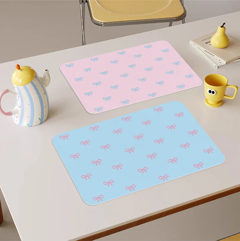 30x45CM Leather Table Mat Cute Bow-Adorned Design Waterproof Oil-Resistant Heatproof Home Dining Table Pad Heat-Insulating