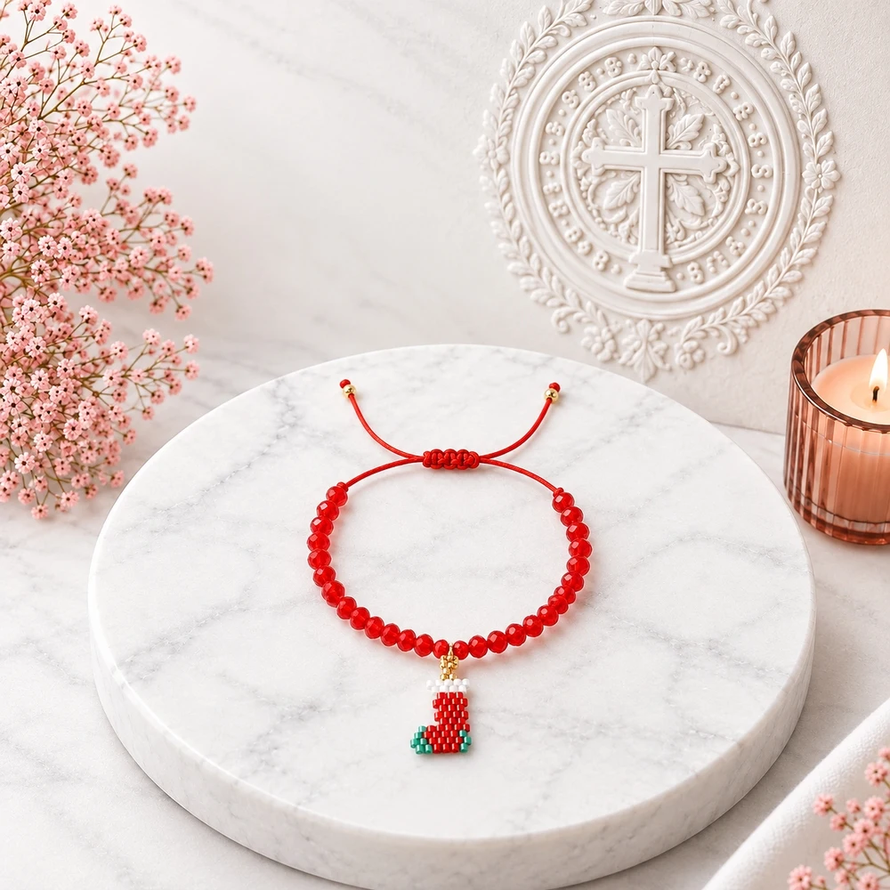 1pc Women's Adjustable Red Crystal Beaded Strand Bracelet with Geometric Seed Bead Charm Copper Accent Cute Romantic