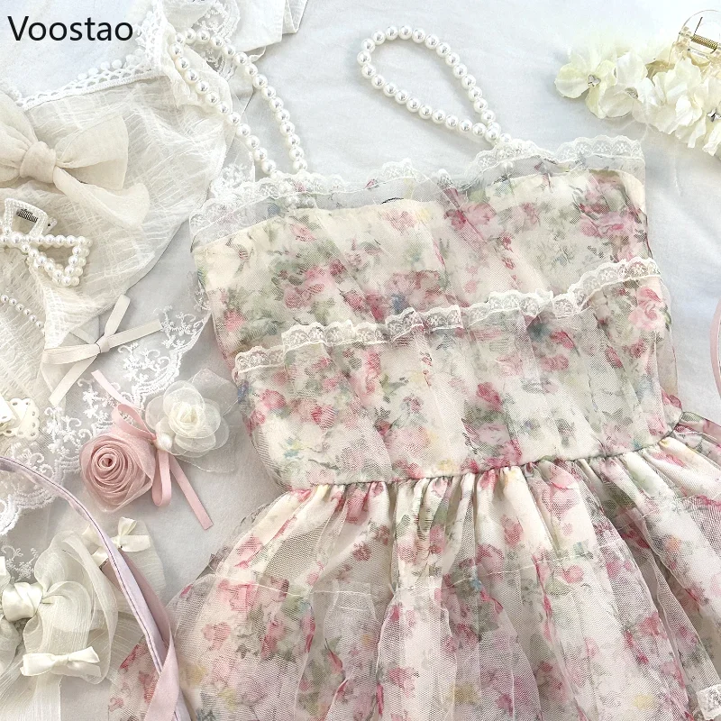 Sweet Elegant Lace Ruffles Lolita Mini Dress Women Kawaii Floral Print Princess Strap Dresses Korean Girls Beach Fairy Dress