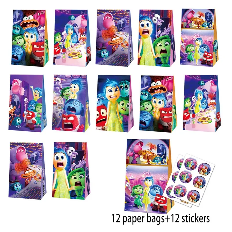 

12pcs Disney Inside Out 2 Gift Bags Cartoon Figure Sadness Anger Joy Paper Sack Children's Birthday Party Raft Paper Candy Bags