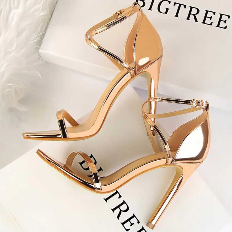 2023 Brand Women 8cm 11cm High Heels Strap Sandals Lady Roman Shiny Gold Fetish Stiletto Stripper Heels Gladiators Party Shoes