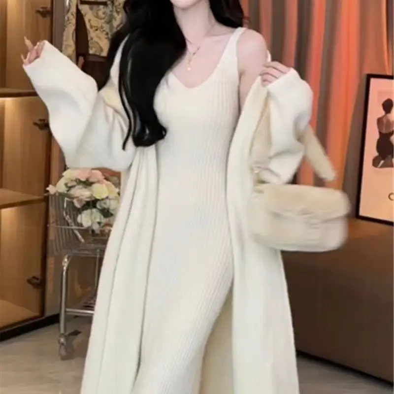 

2023 Autumn Korean Elegant Knitted Long Cardigan Set Women Outwear Office Lady French Cardigan + Casual Slim Midi Party Dress