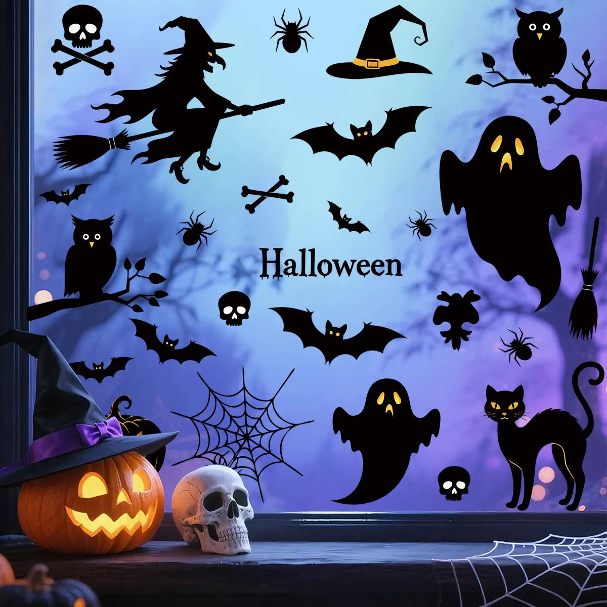 Halloween Atmosphere Window Clings Stickers 6 Sheets 45Pcs Double Sided Static Cling Witch Ghost Bat Pumpkin Owl for Home Party